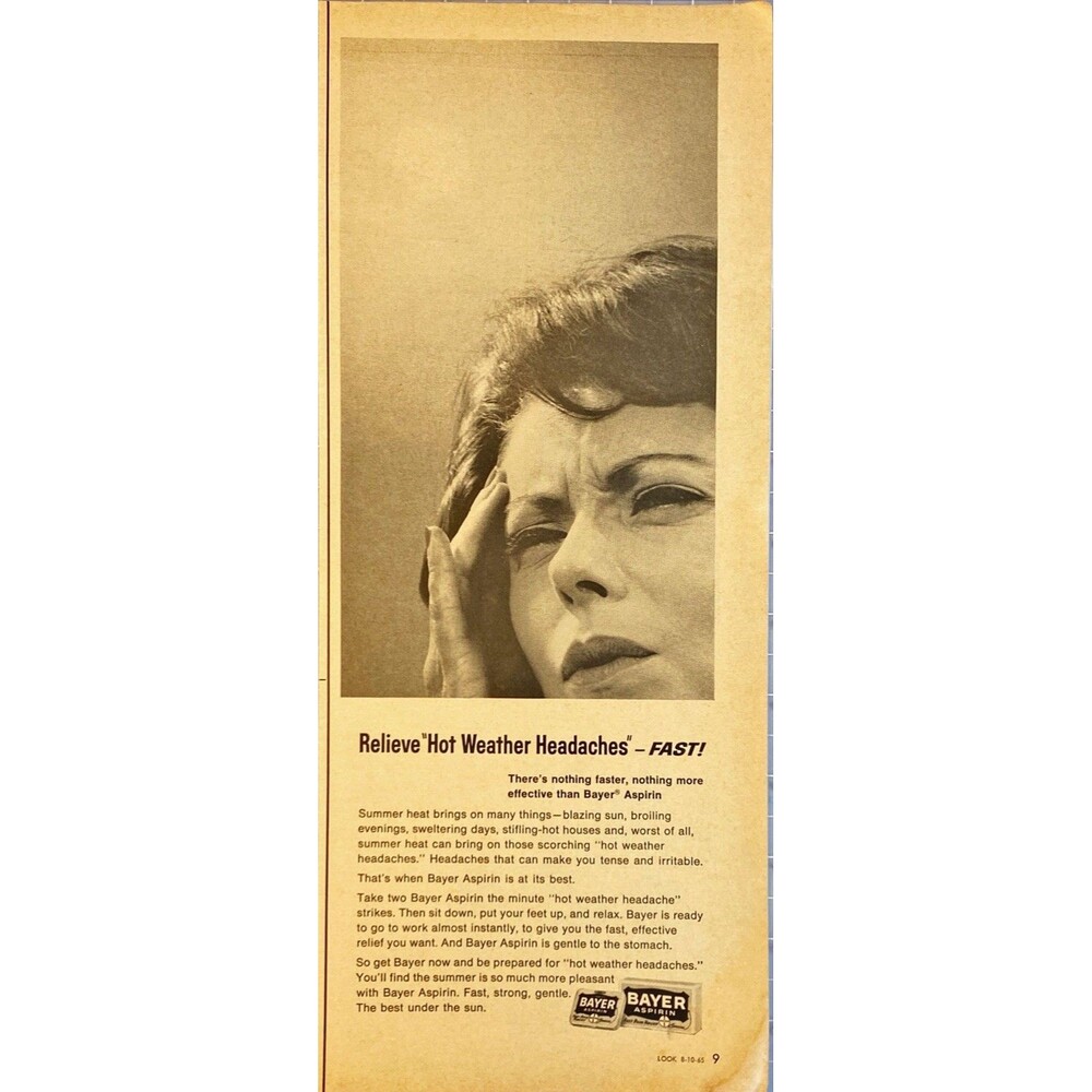 Bayer Aspirin "Relieve Hot Weather Headaches-Fast" Vintage Print Ad 1965